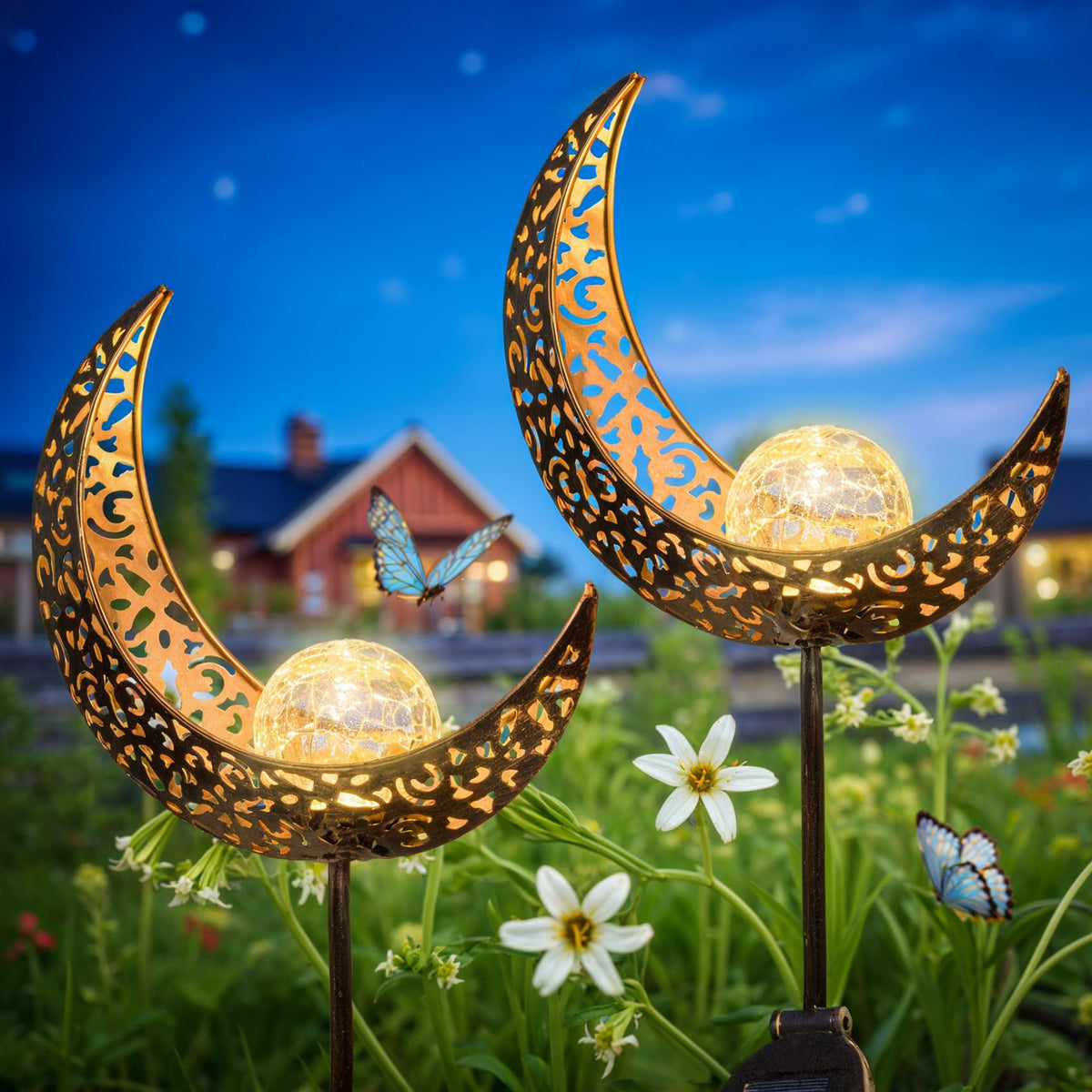 HOMEIMPRO Moon Garden Bronze Stake glowing warmly along the walkway.