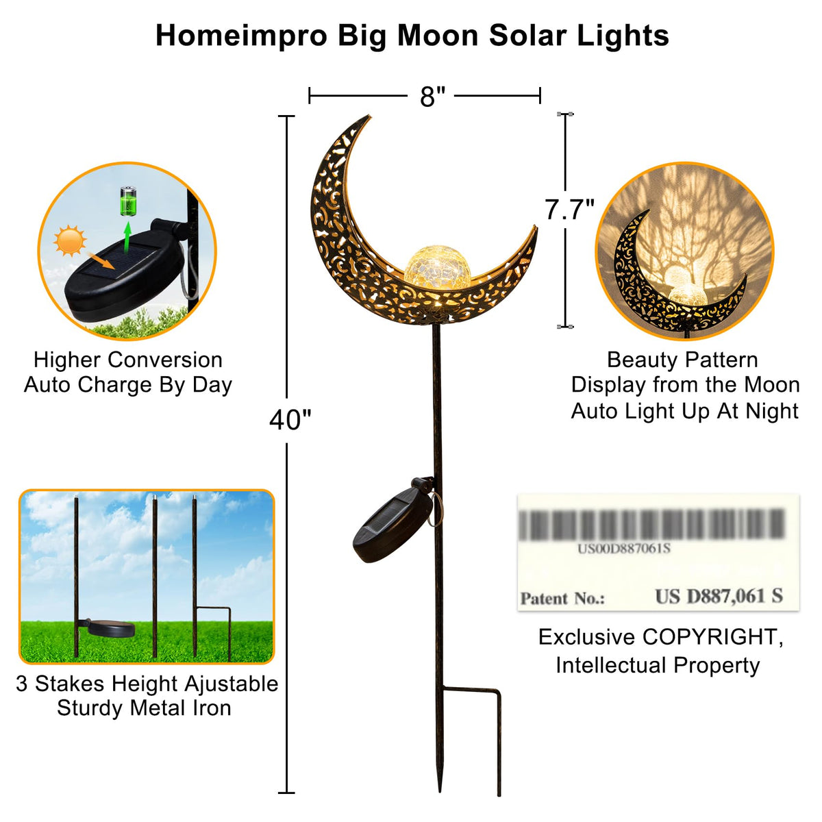 HOMEIMPRO Outdoor lamp charges in daylight and lights up automatically at dusk.