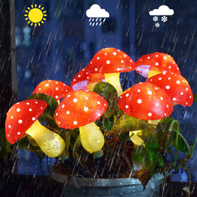 Homeleo red mushroom solar light along a walkway creating a festive garden mood.