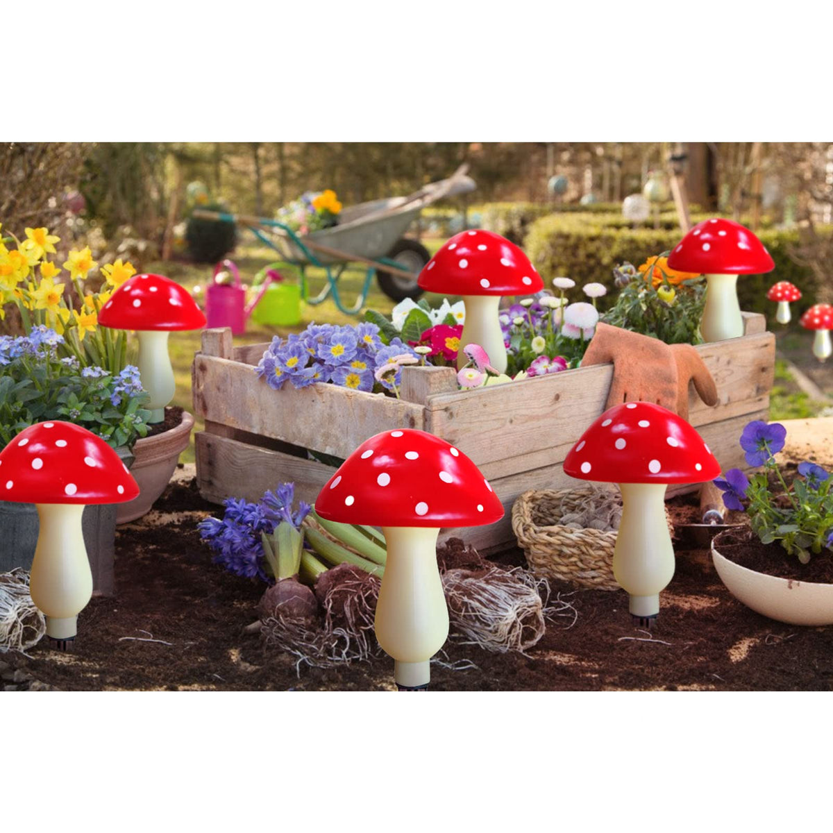 Homeleo red mushroom solar light used as patio border lighting for charm and safety.