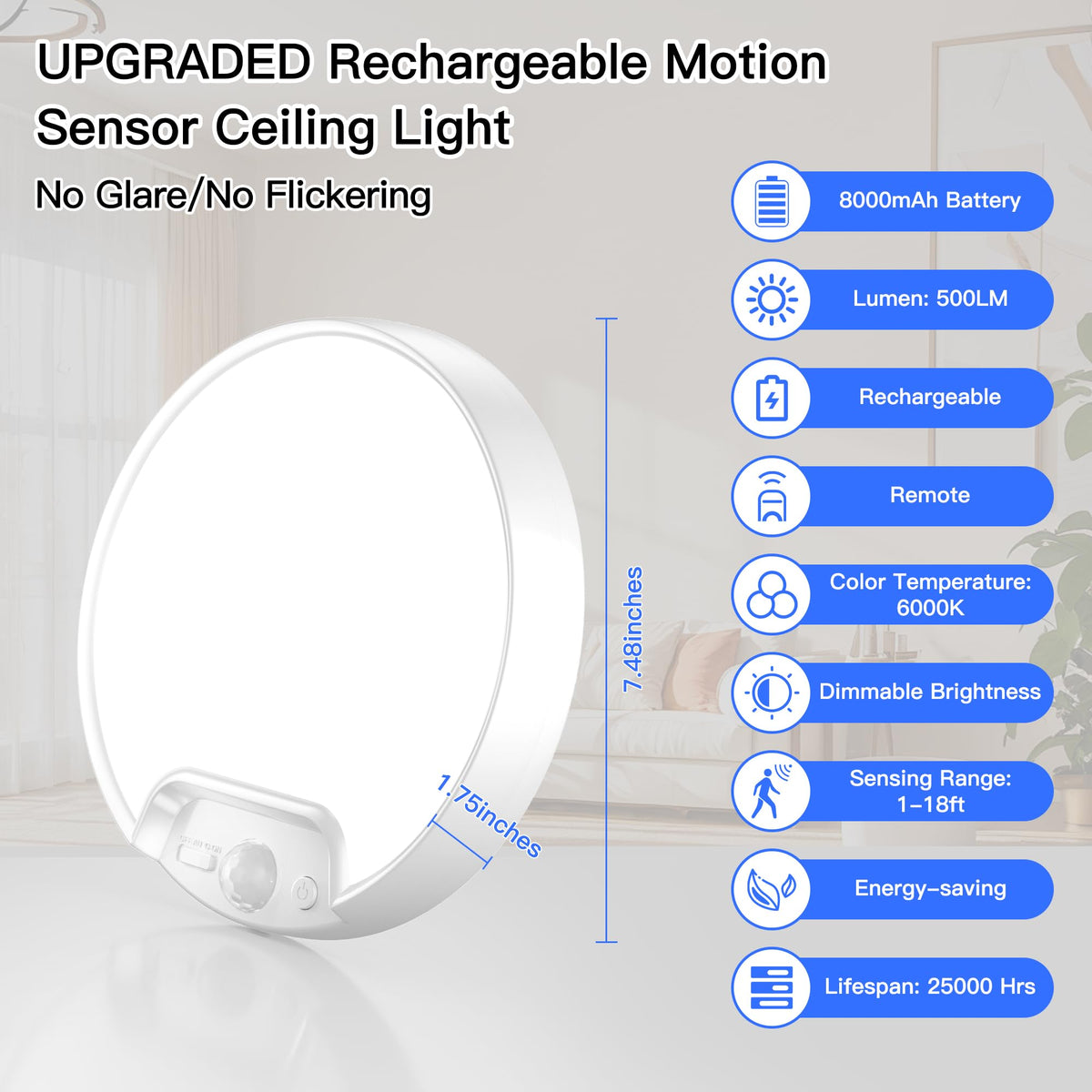 Homelist auto-on motion feature saves battery in hallways and closets.
