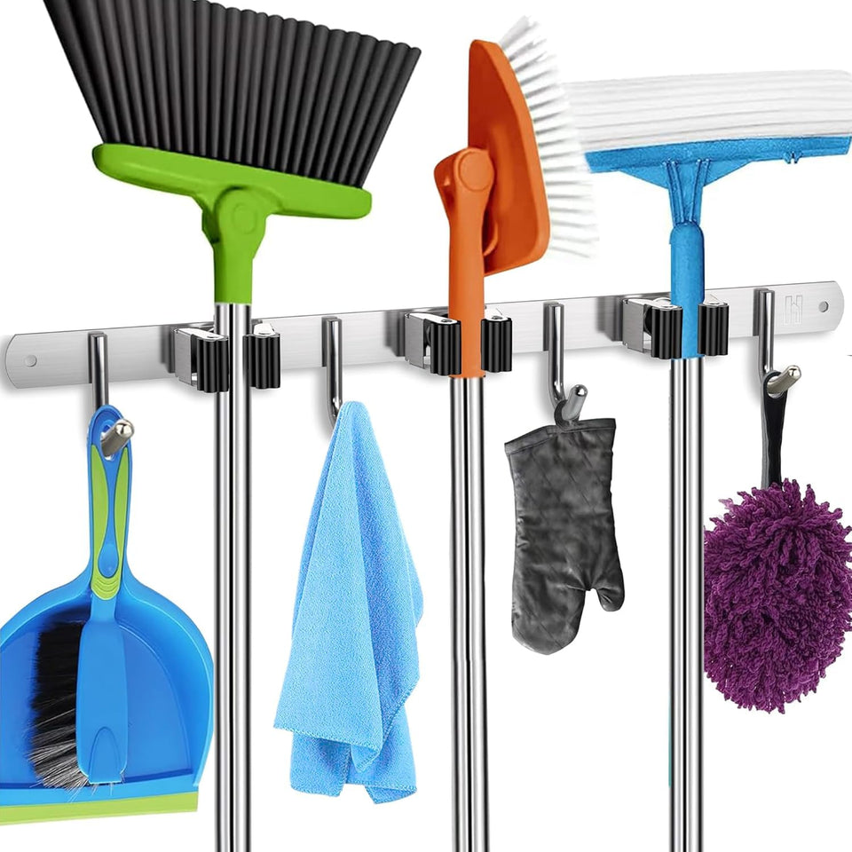 Homely Center broom and mop holder wall mount in stainless steel for clutter-free storage