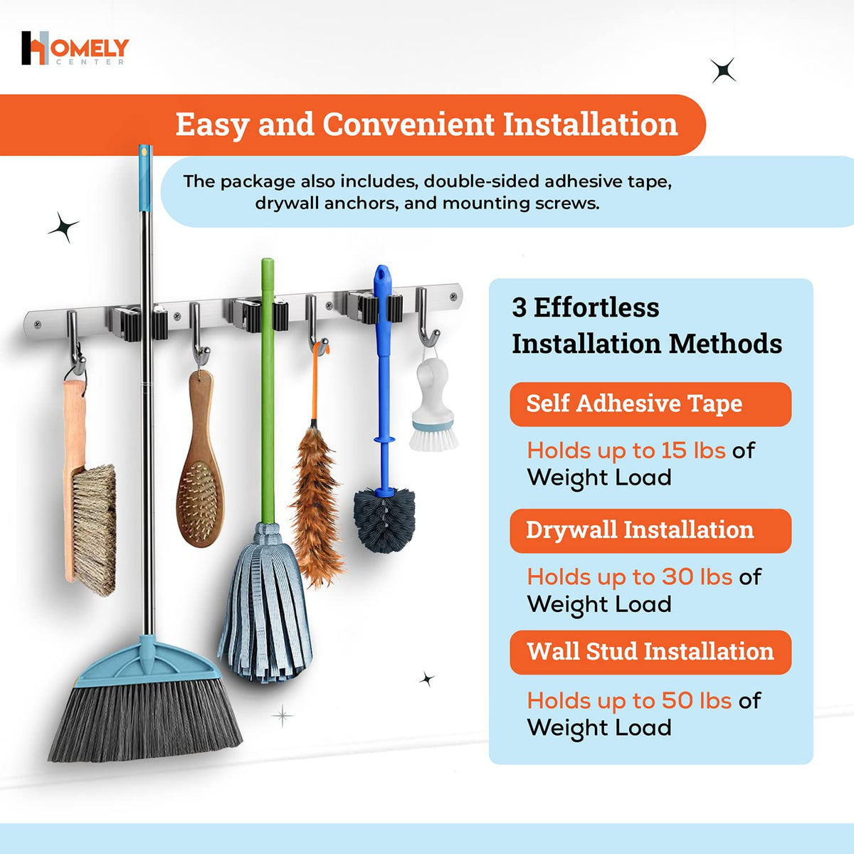 Homely Center wall hanger for brooms and mops keeps spaces tidy