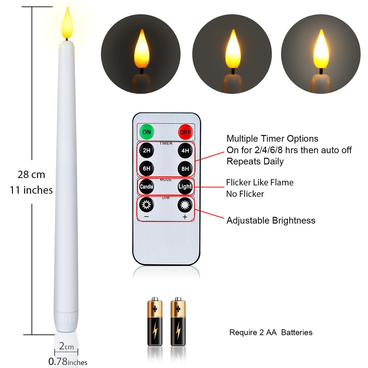 Homemory 11-inch white LED taper candle provides safe, long-lasting illumination.