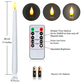 Homemory 11-inch white LED taper candle provides safe, long-lasting illumination.