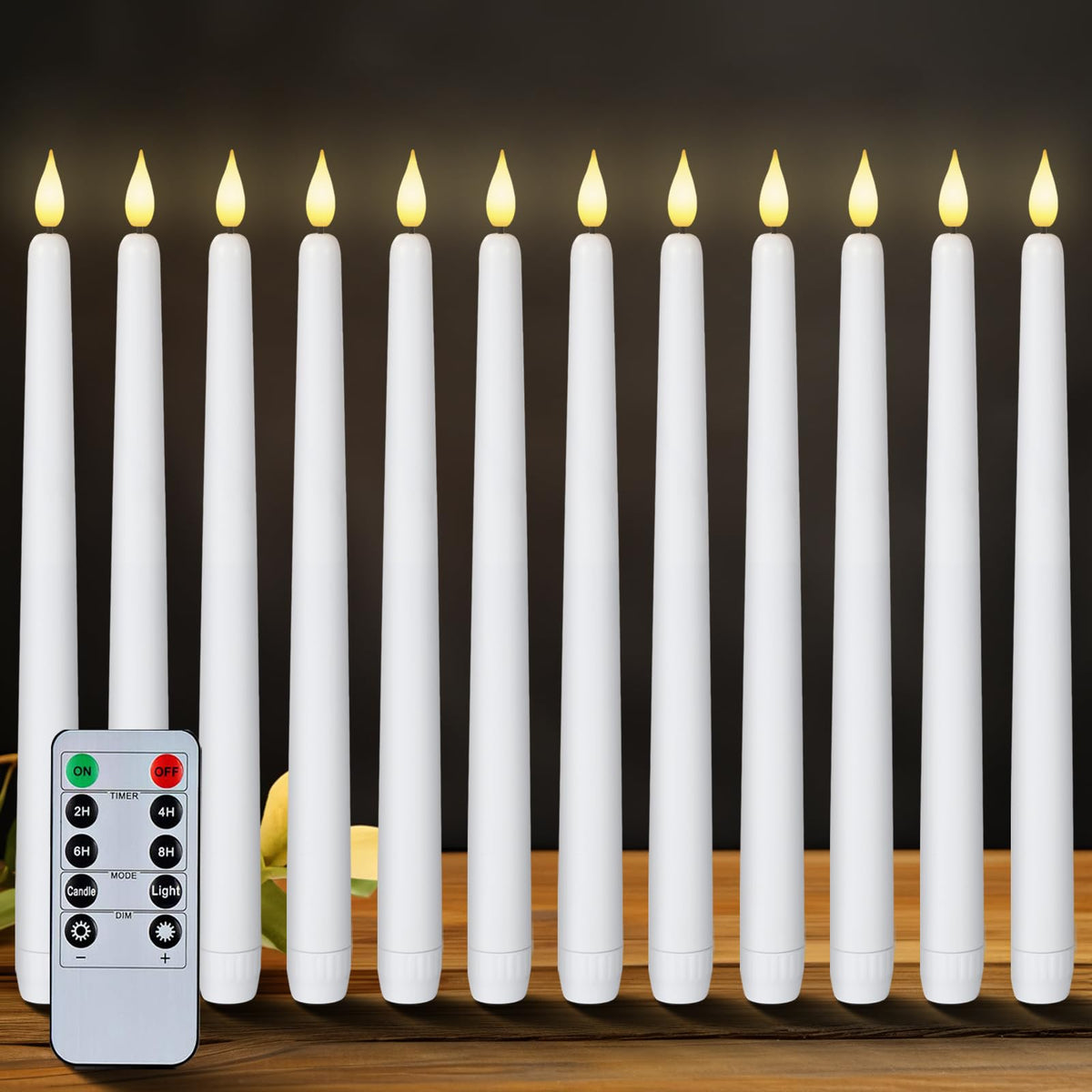 Homemory 12-pack flameless taper candles with remote dimmer for effortless mood lighting.