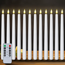 Homemory 12-pack flameless taper candles with remote dimmer for effortless mood lighting.