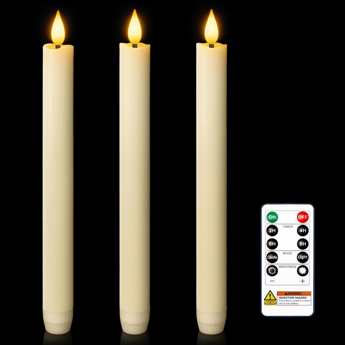 Homemory 3-pcs flameless taper candles with ivory wax glow for cozy spaces.