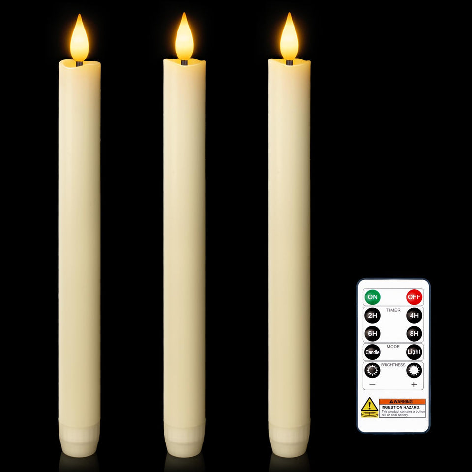 Homemory 3-pcs flameless taper candles with ivory wax glow for cozy spaces.