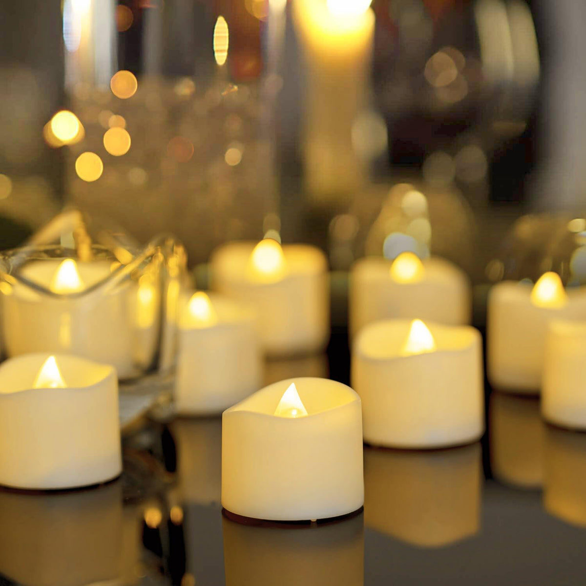 Homemory 48-pack tea lights with warm glow for elegant table centerpieces.
