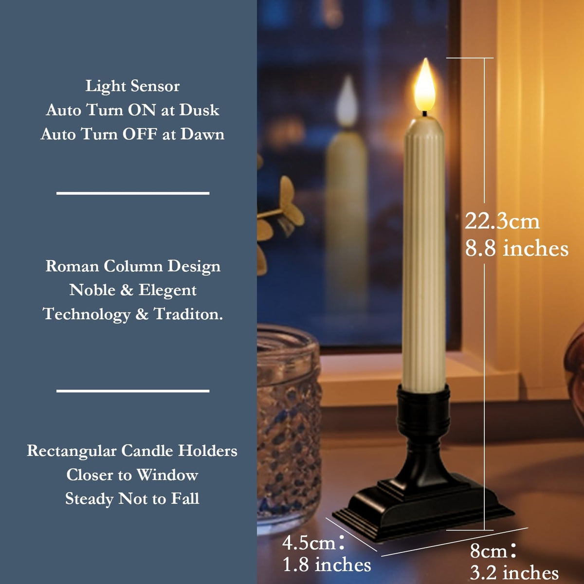 Black square holders cradle Homemory candles against glass