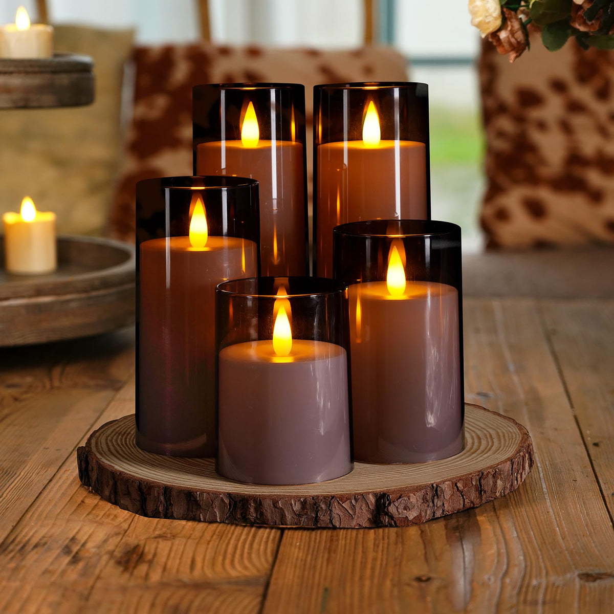 Homemory 6-inch flameless candle showing lifelike flame in modern decor