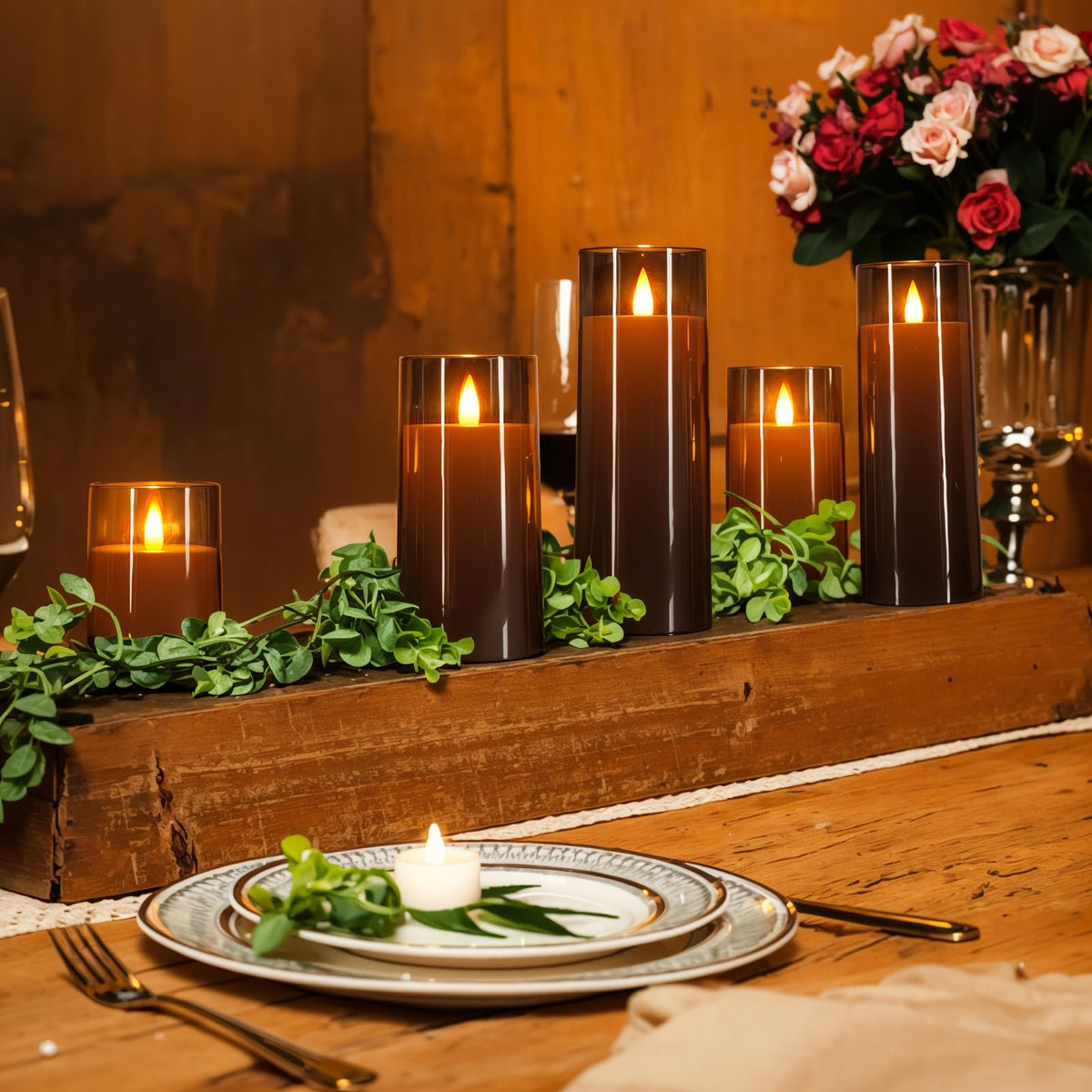 Homemory 8-inch gray flameless candle adds a warm centerpiece glow
