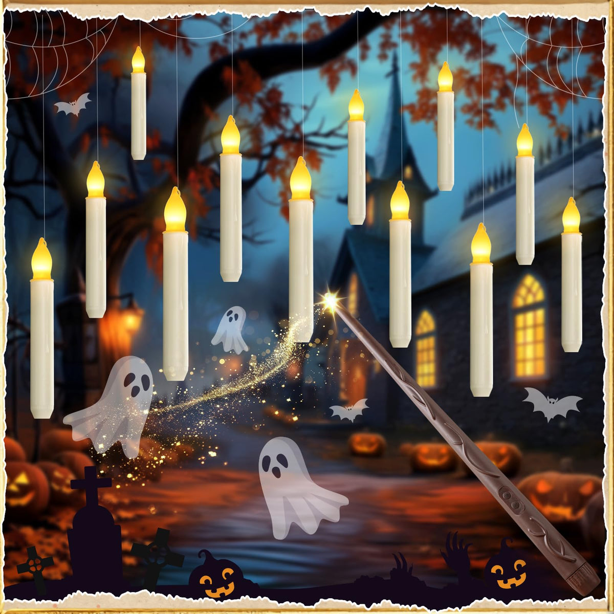 Homemory floating candle with wand remote glows warm ambience for cozy Halloween decor.