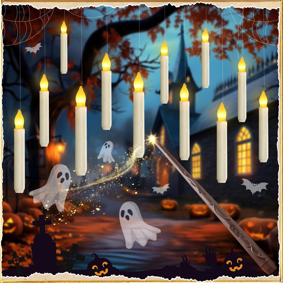 Homemory floating candle with wand remote glows warm ambience for cozy Halloween decor.