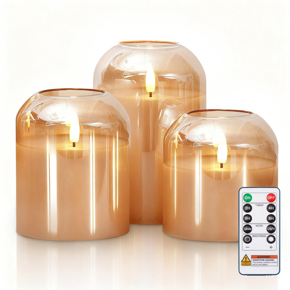 Homemory glass flameless candles with gold shell for elegant table decor and safe ambiance.