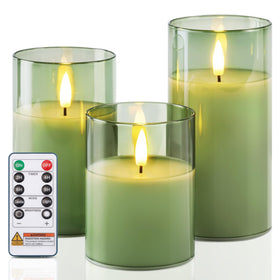 Homemory green glass flameless candles with remote control for easy ambiance.