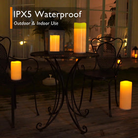 Homemory IPX5 weatherproof candles withstand rain for porch ambience.