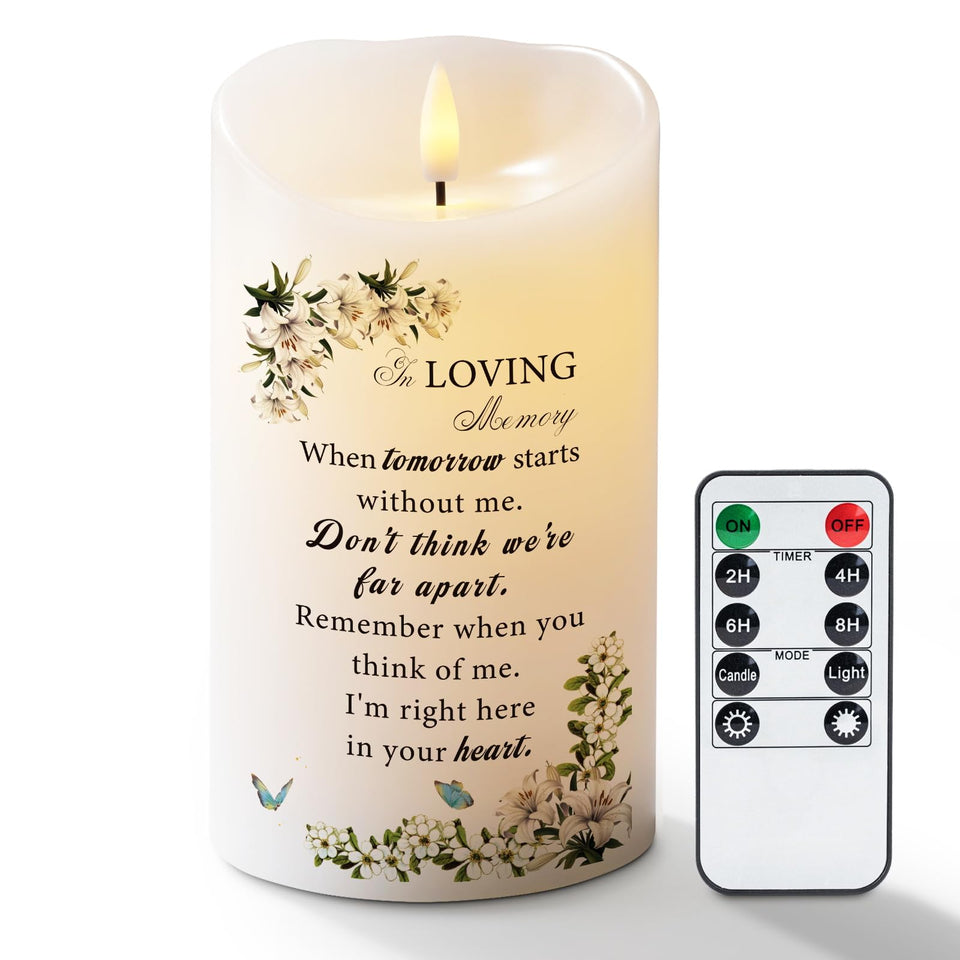Homemory Memorial Candle glow on mantle for peaceful remembrance.