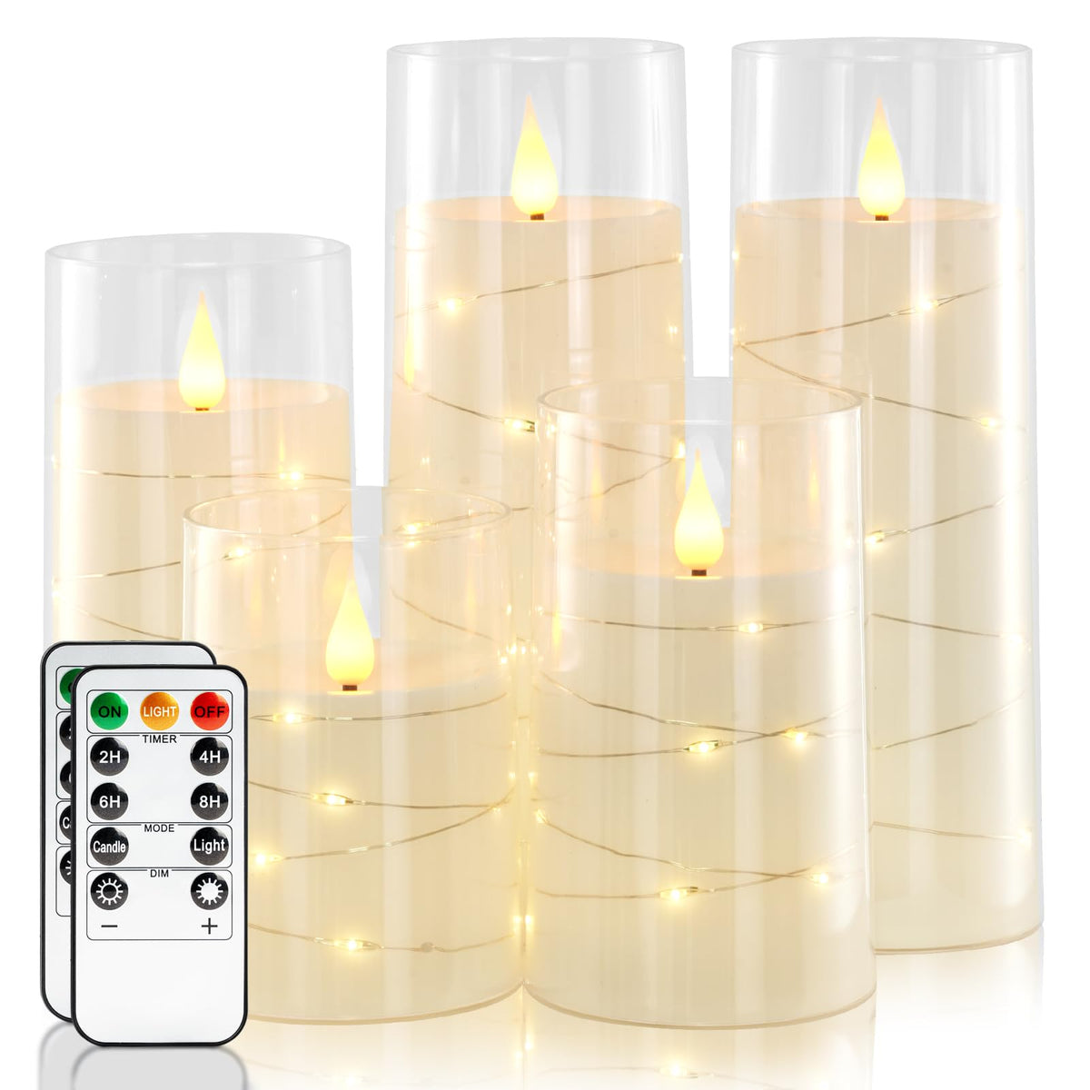 Homemory Pure White flameless candle with star string lights on a table for cozy ambiance