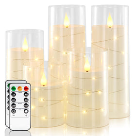 Homemory Pure White flameless candle with star string lights on a table for cozy ambiance