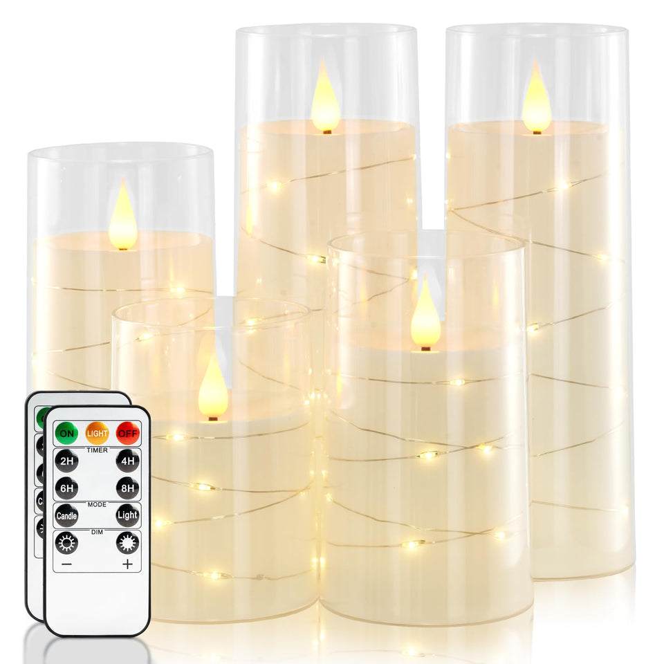 Homemory Pure White flameless candle with star string lights on a table for cozy ambiance