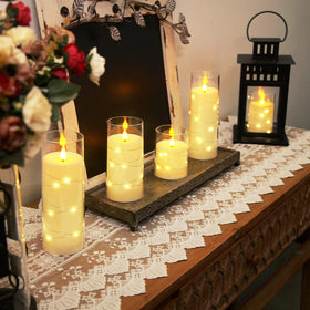 Homemory Pure White flameless candle with star string lights in varied heights