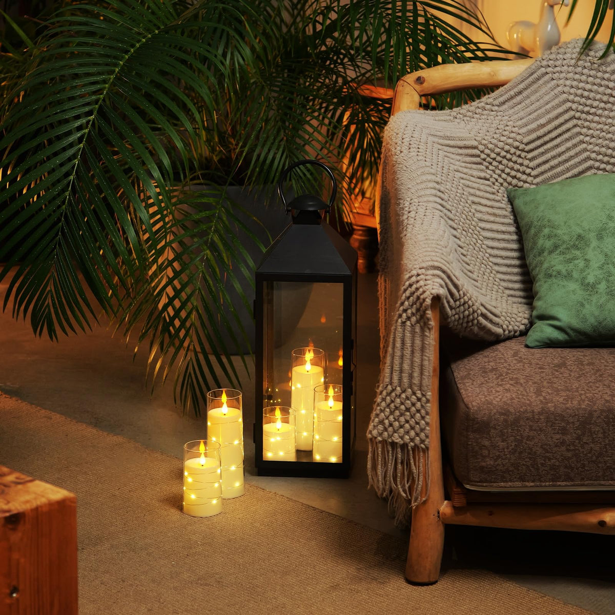Homemory Pure White flameless candle with star string lights on a shelf display