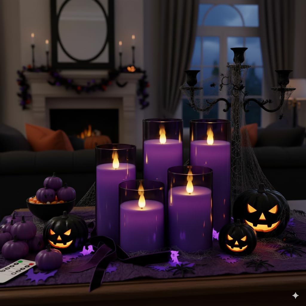 Homemory purple flickering flameless candle in 5x6 inch size creates elegant table glow