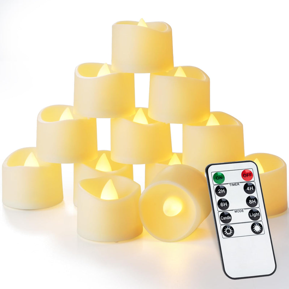 Homemory remote timer tea light closeup showing flickering flameless warmth for safe ambiance.