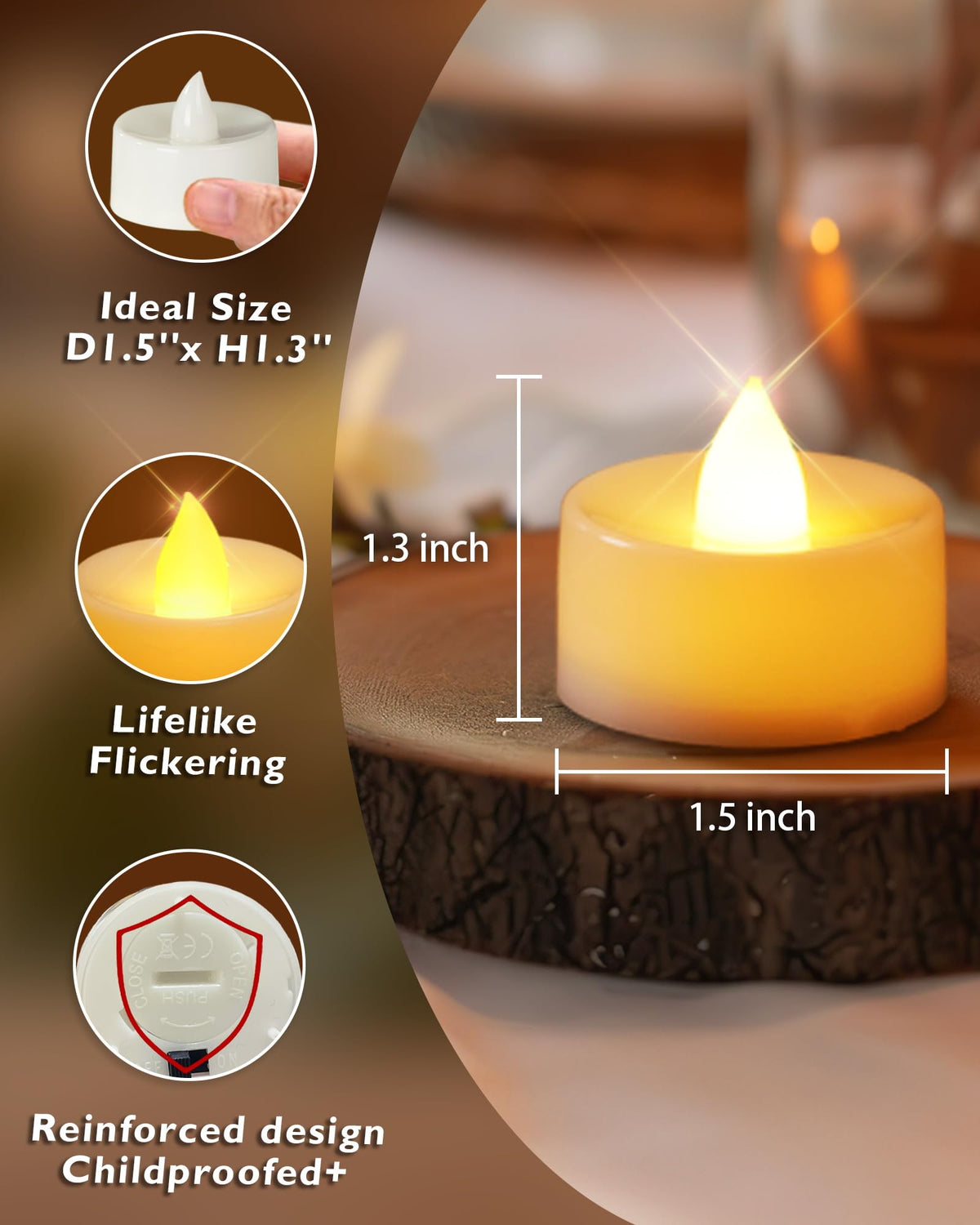 Homemory tea light with secure battery cap design for safety
