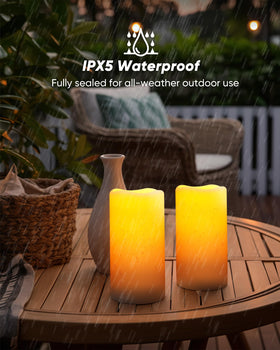 Homemory solar candle 3x6 pillar provides warm, flickering patio lighting.