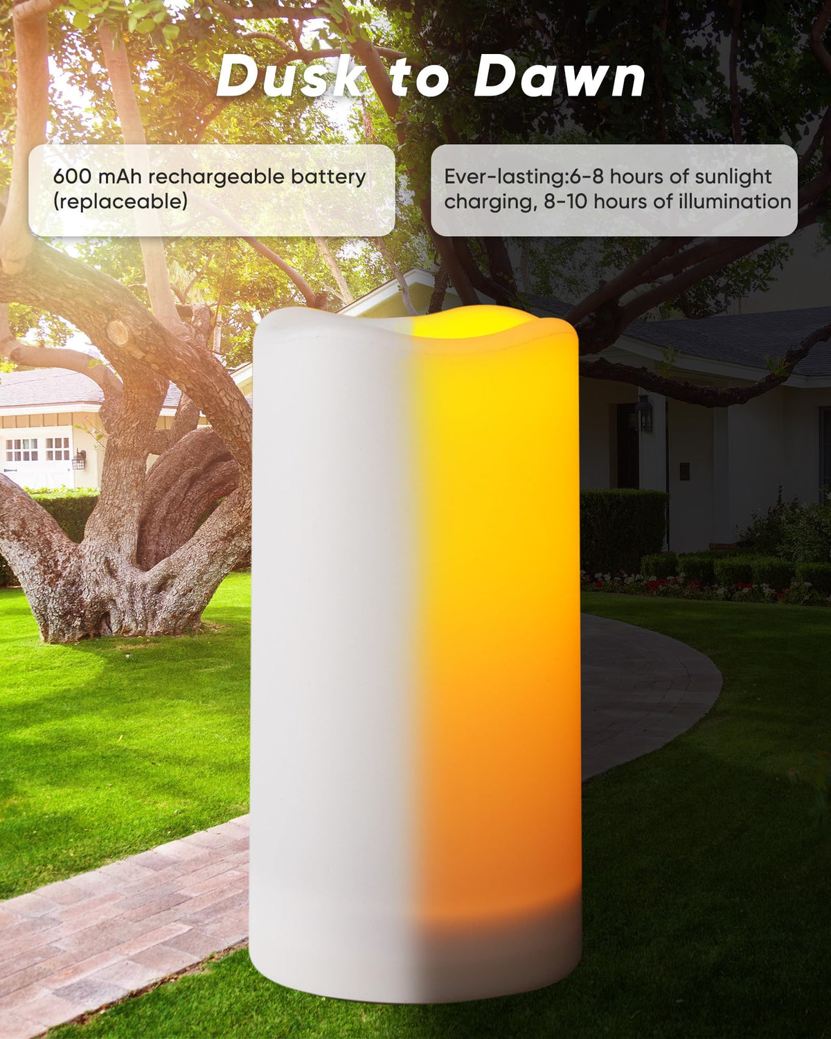 Homemory solar candle dusk-to-dawn sensor activates automatically at night.
