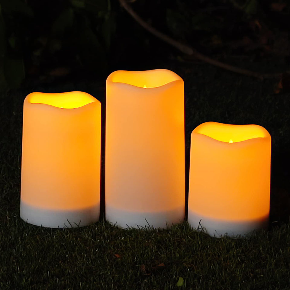 Homemory outdoor solar candles packaging highlights water resistance for all weather use