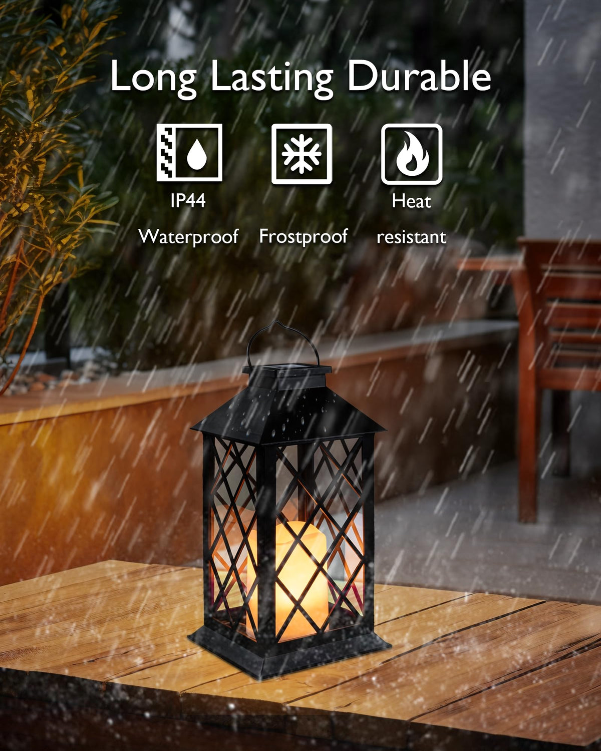 Homemory solar lantern shows a safe flickering flame for ambiance.