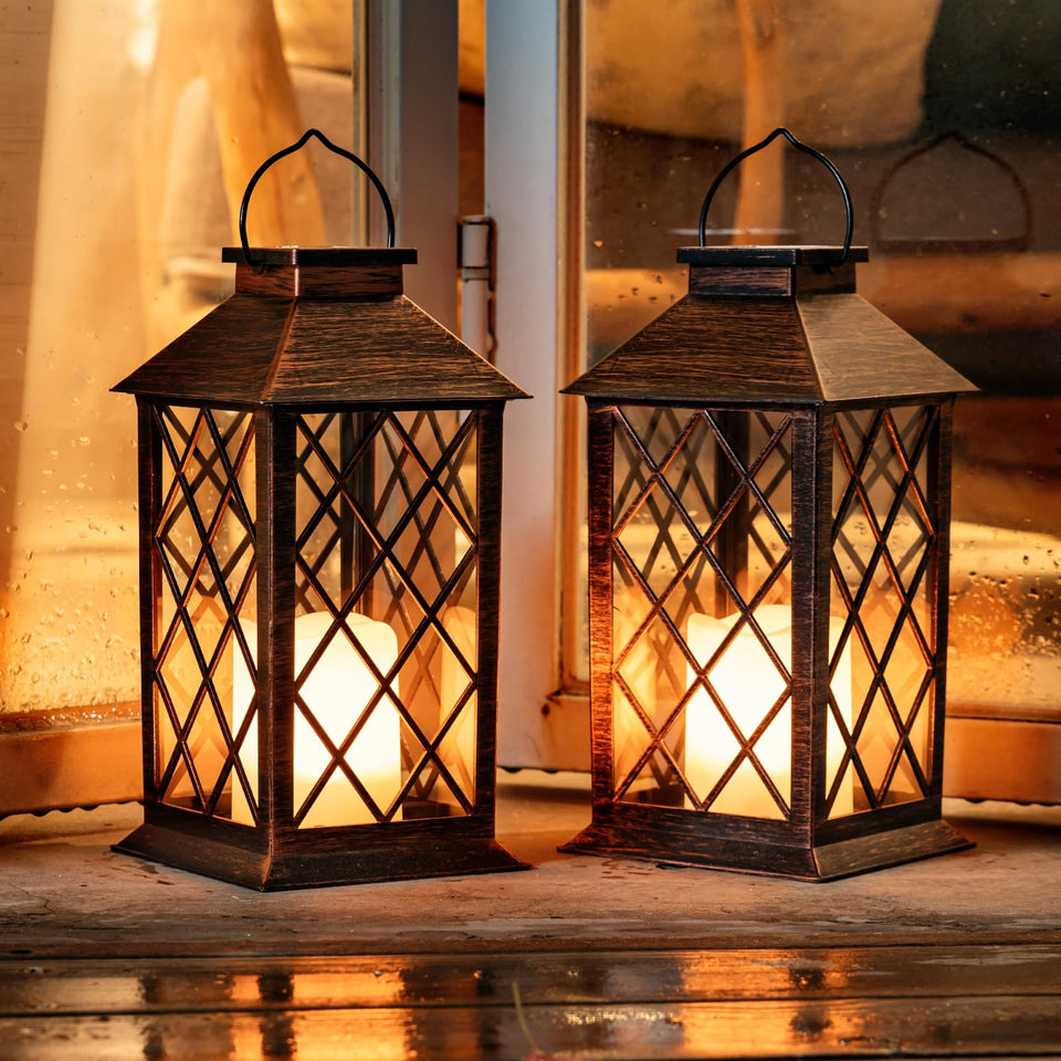 Homemory solar lantern hanging antique copper with warm flameless glow