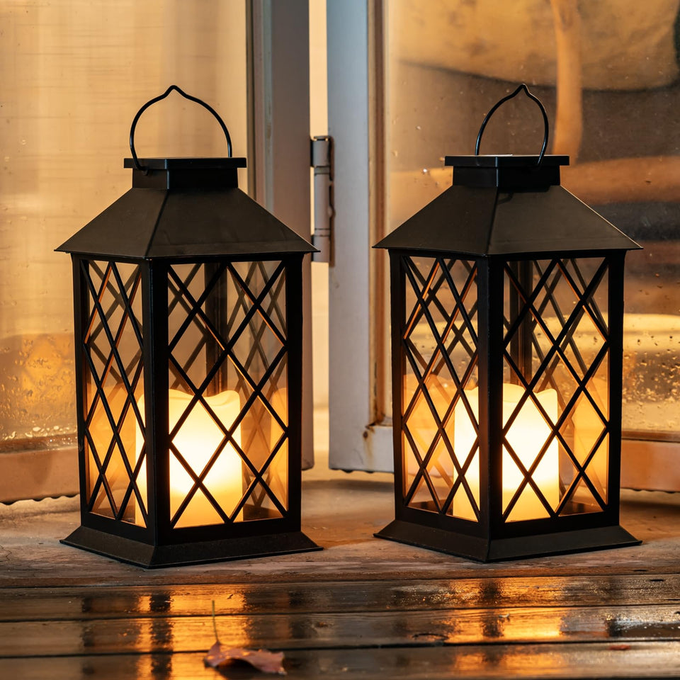 Homemory solar lantern hanging on porch with warm flameless candle glow.
