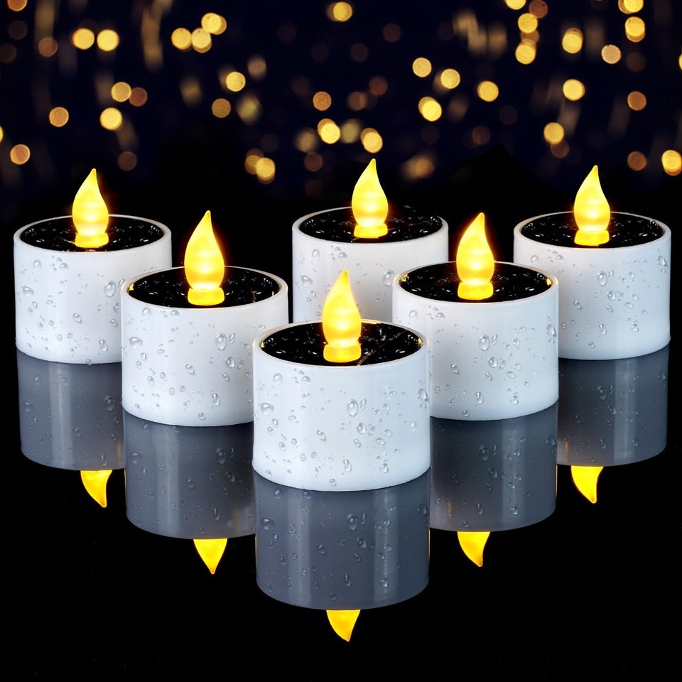 Homemory solar tea candle on outdoor lantern glows softly for ambient evenings.
