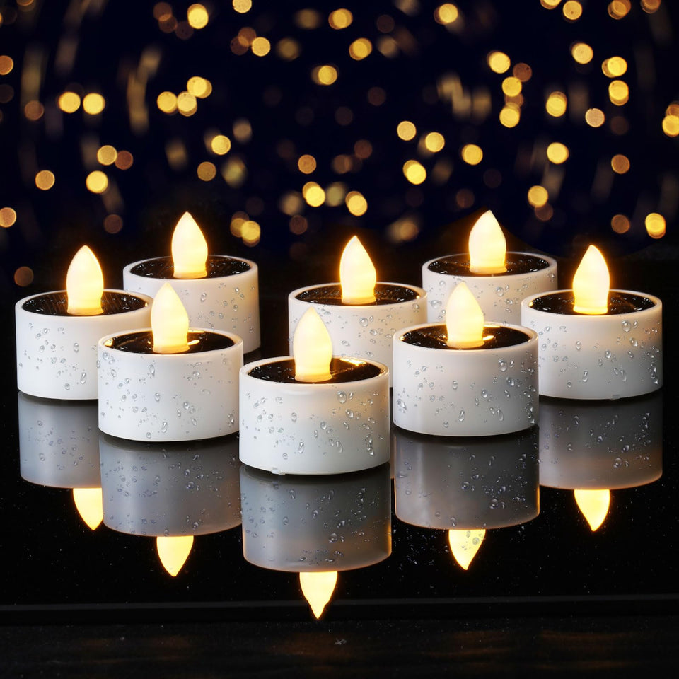 Homemory solar tea light warm glow enhances cozy outdoor decor.