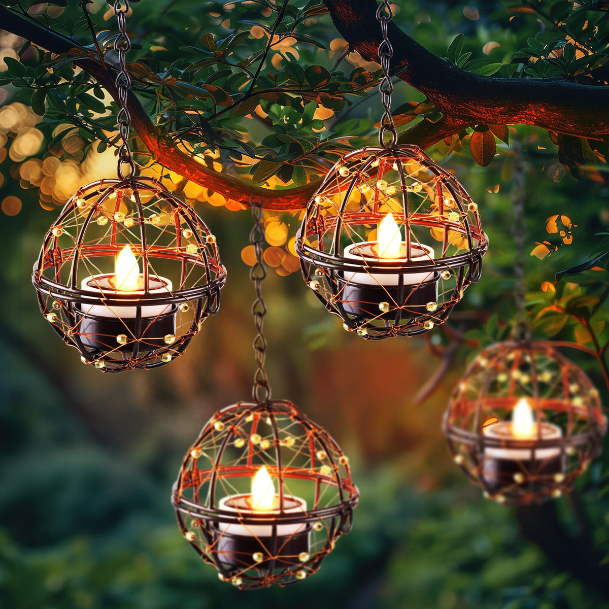 Homemory solar tea lights in beaded copper wire lanterns create outdoor ambience.