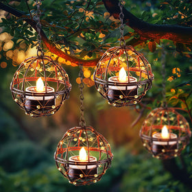 Homemory solar tea lights in beaded copper wire lanterns create outdoor ambience.