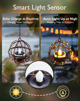 Homemory solar tea lights with copper wire ball holders illuminate trees at night.