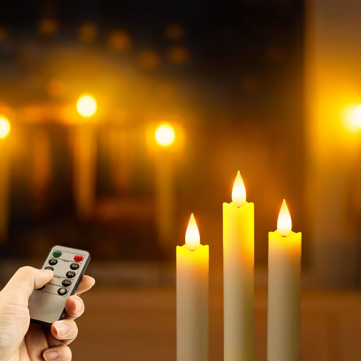 Packaging includes six candles, charging station, USB-C cable, and remote.