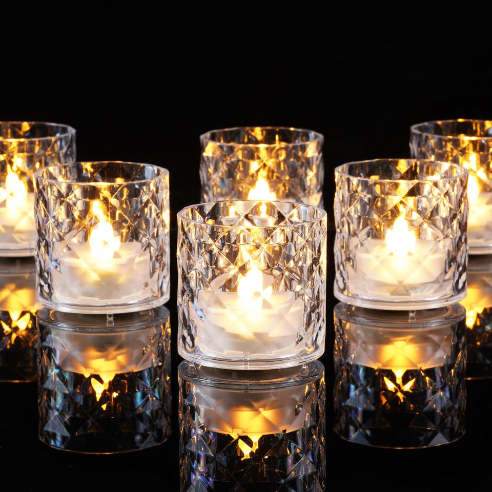 Homemory 2in acrylic votive holder with clear base, warm white light for wedding centerpieces.