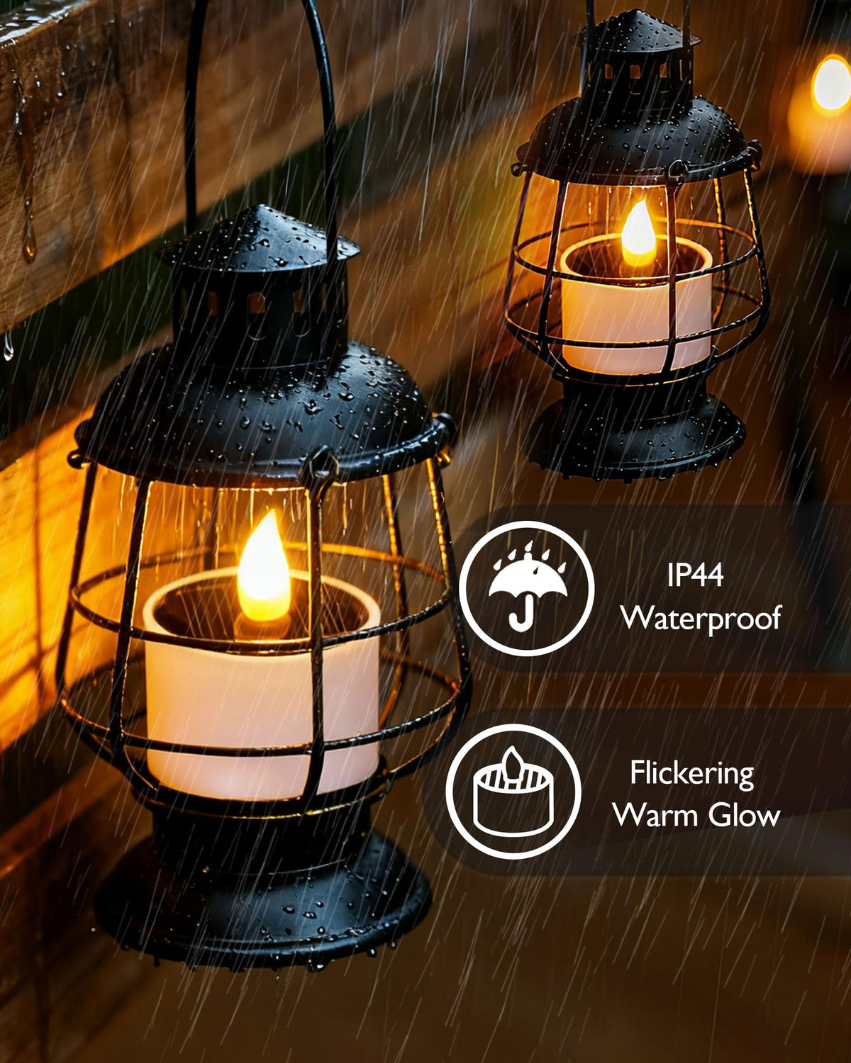 Homemory waterproof candle on balcony adds twinkling light in rain.