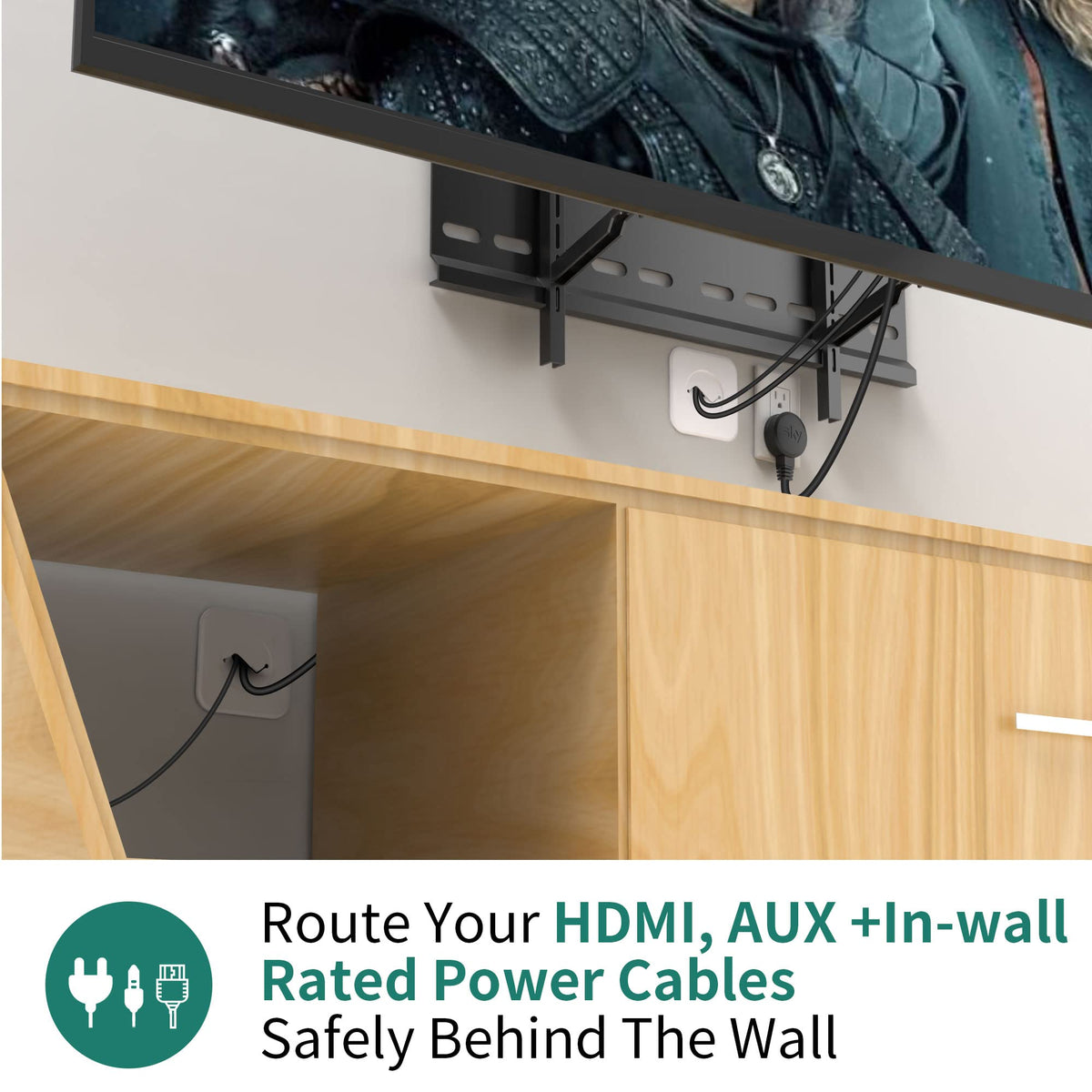 HomeMount two cable manager brackets organize multiple HDMI and power cords neatly