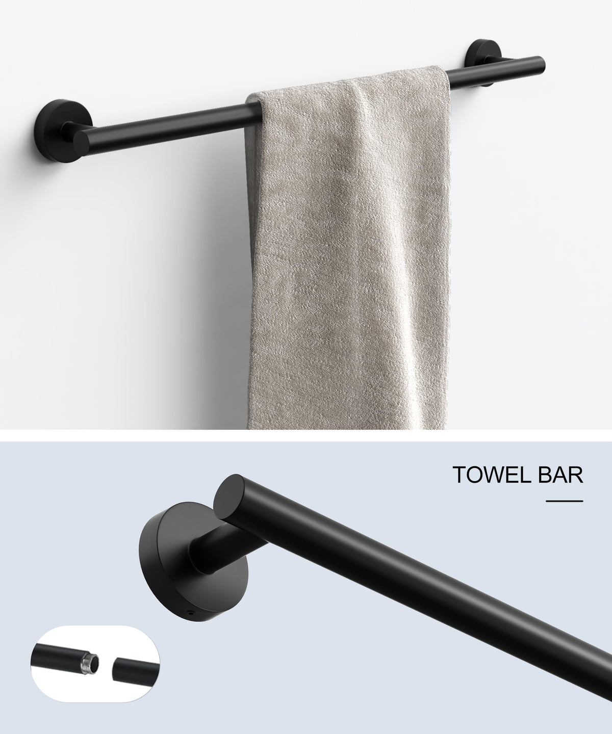 HOMEMYSTIQUE matte black 26-inch towel rack detail emphasizing durable finish