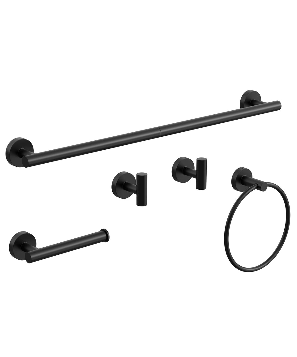HOMEMYSTIQUE matte black bathroom set hero with 26-inch towel rack for space-saving elegance