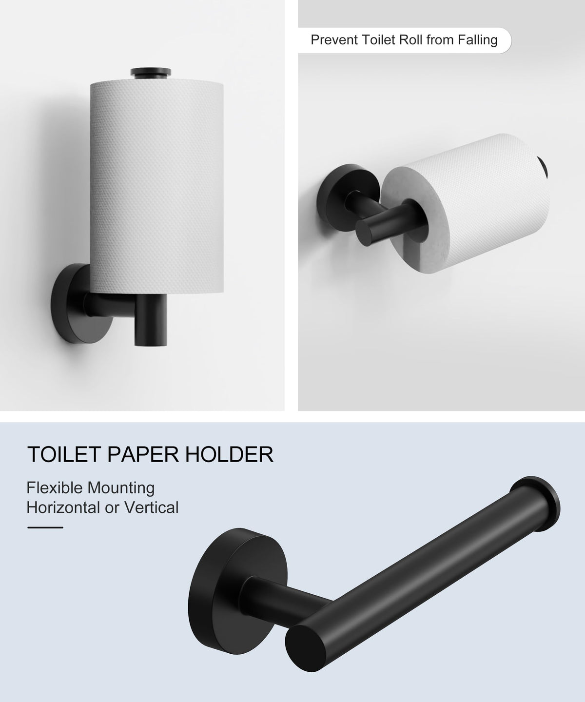 HOMEMYSTIQUE matte black toilet paper holder in modern bathroom setup