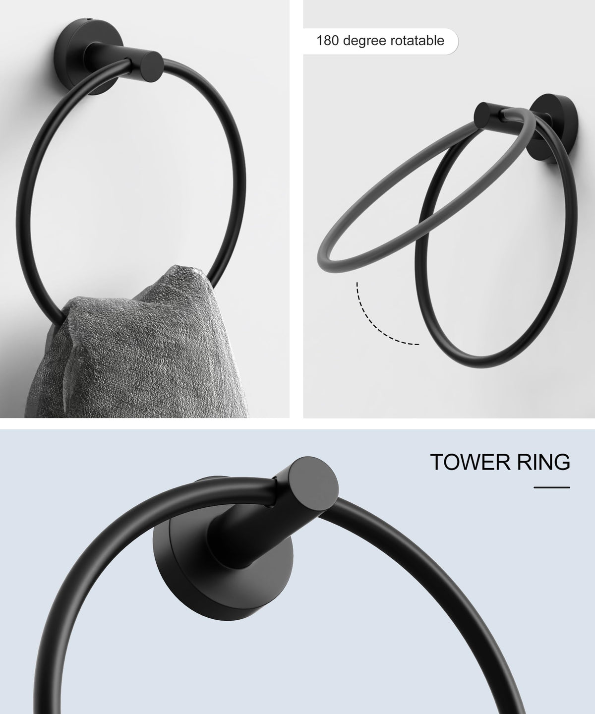 HOMEMYSTIQUE matte black towel ring shown with accessories in cohesive look